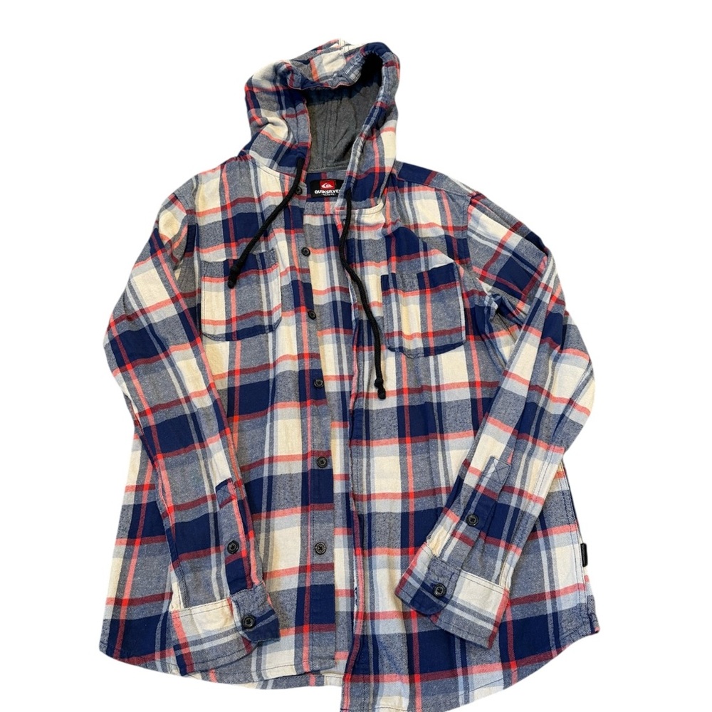 Quiksilver Hooded Plaid Jacket - Blue, Pink, and White